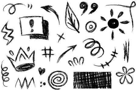 A collection of hand-drawn cartoon expression marks scribbles, curved directional arrows, emoticon effect design elements, cartoon character emotion symbols, cute decorative chalk stroke lines.のイラスト素材