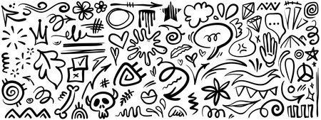 Doodle set of hand-drawn cartoony expression sign doodle, curve directional arrows, emoticon effects design elements, cartoon character emotion symbols, cute decorative brush stroke lines.のイラスト素材