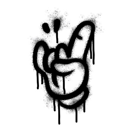 Spray Painted Graffiti Hand gesture metal finger sign for victory icon Sprayed isolated on white background. two finger graffiti for metal symbol with overspray in black on white.のイラスト素材