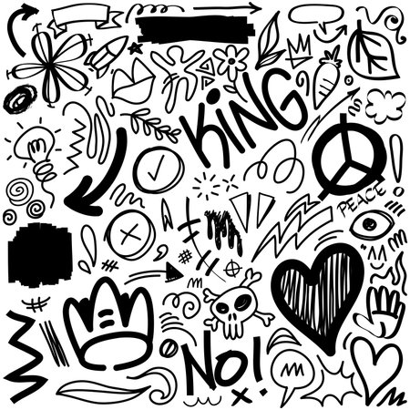 Sketch line elements set. Abstract nature elements decoration graphic icon set. Graffiti sketch hand drawn line elements for brush, abstract decoration design. Object illustration.のイラスト素材