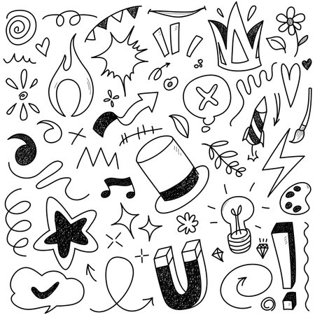 Sketch line elements set. Abstract nature elements decoration graphic icon set. Graffiti sketch hand drawn line elements for brush, abstract decoration design. Object illustration.のイラスト素材