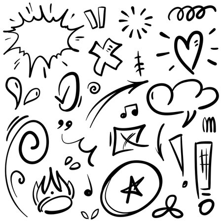 Sketch line elements set. Abstract nature elements decoration graphic icon set. Graffiti sketch hand drawn line elements for brush, abstract decoration design. Object illustration.のイラスト素材