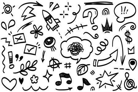 Doodle set of hand-drawn cartoony expression sign doodle, curve directional arrows, emoticon effects design elements, cartoon character emotion symbols, cute decorative brush stroke lines.のイラスト素材