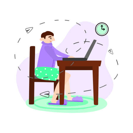 A man in home clothes works remotely from home at the computer.  Employee chatting with colleagues and customers, sends mailのイラスト素材
