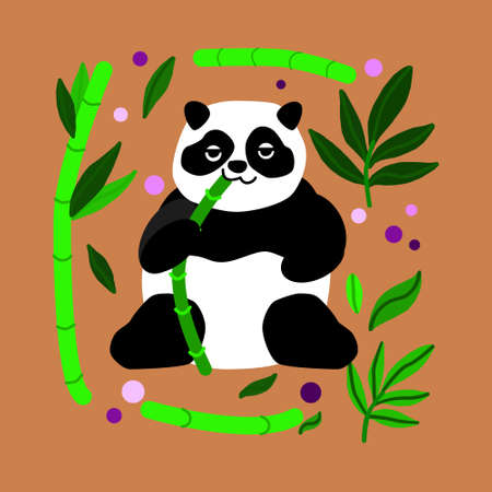 Fat cute panda is sitting idly. The animal slowly eats a delicious juicy bamboo stick. Panda has a black and white color and lives in Asia. Is a rare animalのイラスト素材