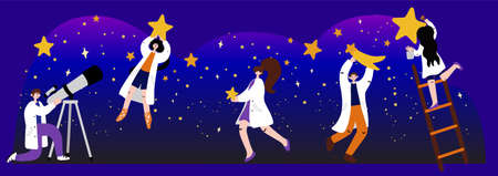 Astrophysicists are trying to explore our universe through space. Scientists from all over the world through telescopes monitor stars, comets and meteors.のイラスト素材