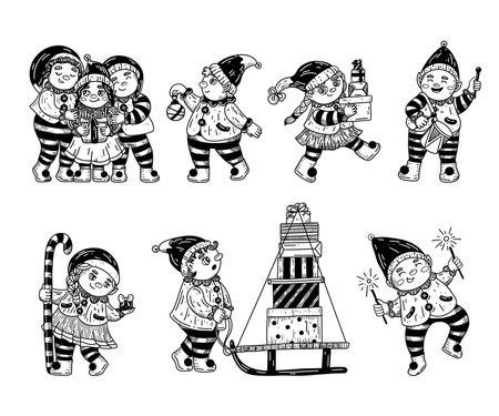 Retro set of christmas elfsのイラスト素材