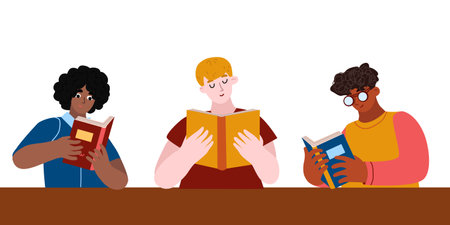 Three multicultural guys reading booksのイラスト素材