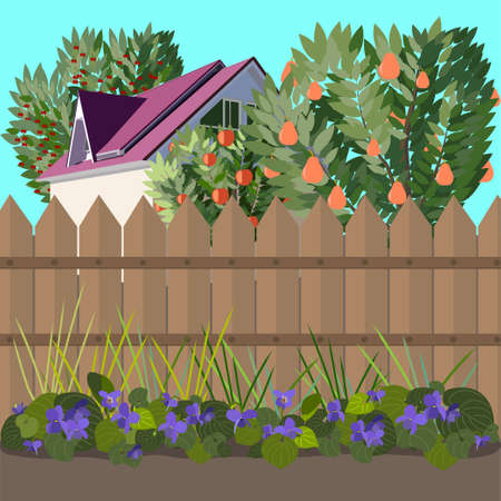 In the beginning a lawn with colours behind a fence a garden with the houseのイラスト素材