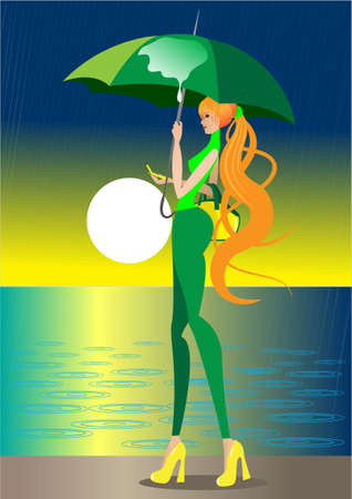 The girl goes under an umbrella, it is rainingのイラスト素材