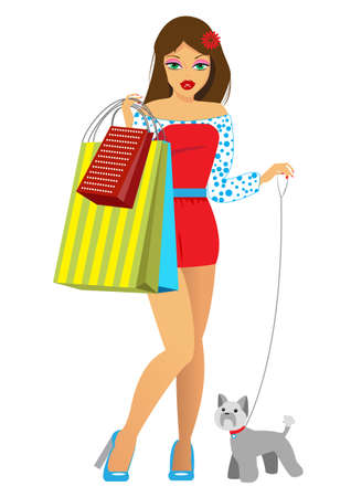 the girl with purchases and a dogのイラスト素材