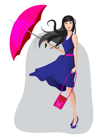 the girl in a blue dress with an umbrellaのイラスト素材