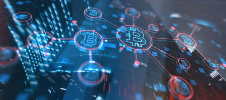 Bitcoin on corporate skyscrapers and office blocks background. Cryptocurrency Future Technology.