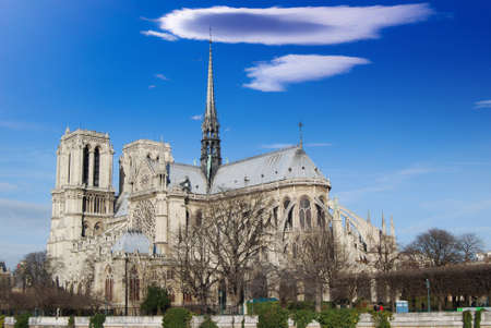 Overview of Notre Dame Cathedral from the bank of the river Seine の写真素材