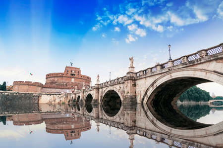 Castel Sant'Angelo and the bridge over the Tiber reflections.のeditorial素材