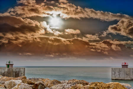Entrance of harbor with beautiful sky.の写真素材