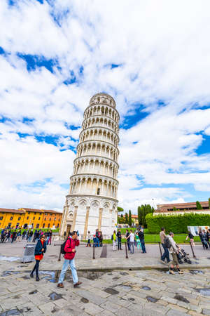 PISA, APRIL 30: Many tourists visit Piazza dei Miracoli , April 30, 2014 in PIsa. Leaning Tower and Baptistery and Dome are a Unesco World Heritage site.のeditorial素材