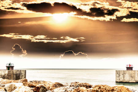 Entrance of harbor with beautiful sky.の写真素材