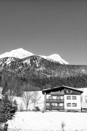 Mountain cabin with berautiful sky.の写真素材