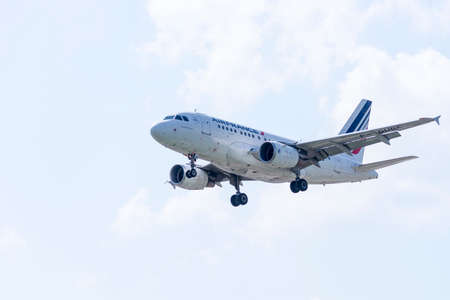 ITALY - FLORENCE SEPTEMBER 02: Air France Airbus A318 lands at Peretola airport, 02 Septembre 2015, Italy. Peretola airport is the second airport in Tuscany.のeditorial素材