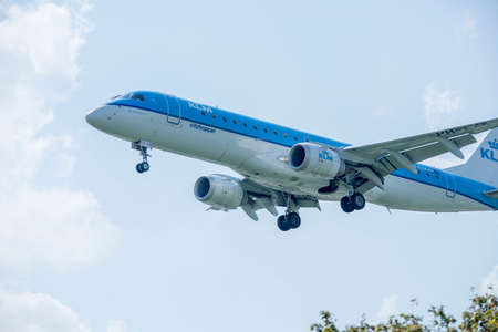 ITALY - FLORENCE SEPTEMBER 02: An Embraer ERJ-190 of KLM Cityhopper landing at Peretola airport, 02 Septembre 2015, Italy. Peretola airport is the second airport in Tuscany.のeditorial素材