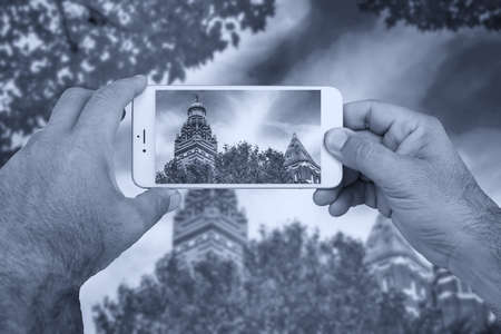 Westimnster Cathedral on smartphone background.の写真素材