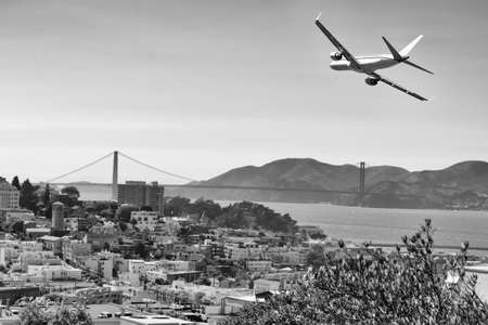 Panoramic view of San Frnacisco with Golden Gate bridge in background.の写真素材
