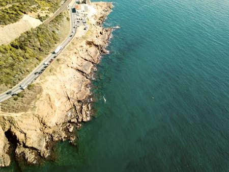 Aerial view of coast and sea.