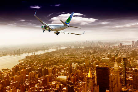 Airplane over Manhattan, NYC.