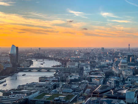 Skyline of London at sunset, Aerial view.