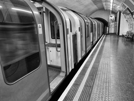 Underground wagon stopped in station ready to go, London.の写真素材