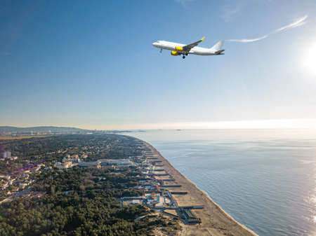 Aerial view of an aircraft during landing.の写真素材