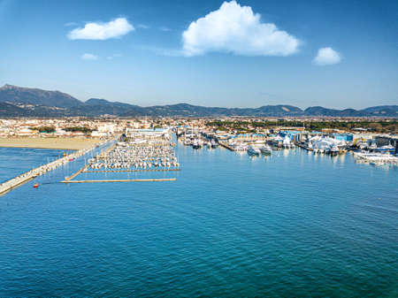 Aerial view from the drone of the port of Viareggio and its dam.の写真素材