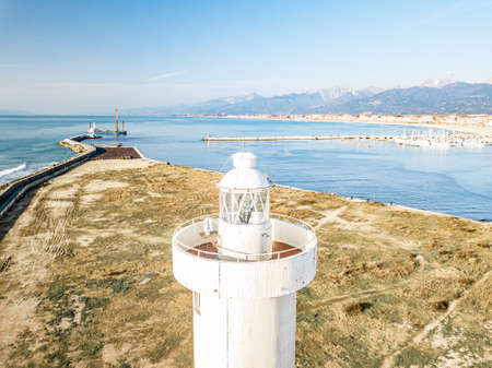 Aerial view of the harbour lighthouse shot with a drone.の写真素材