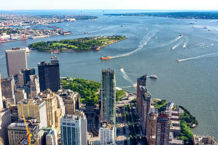 Aerial view of skyscrapers in lower Manhattan.の写真素材