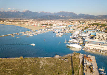 Aerial view from drone of the turistic harbor with many boat and luxory yacht.の写真素材