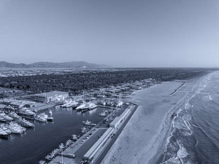 Aerial view from drone of the turistic harbor with many boat and luxory yacht.の写真素材