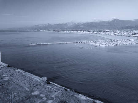 Aerial view from drone of the turistic harbor with many boat and luxory yacht.の写真素材