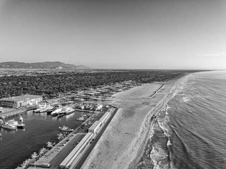 Aerial view from drone of the turistic harbor with many boat and luxory yacht.の写真素材