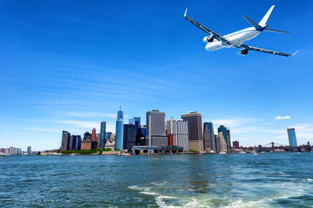Skyline of lower Manhattan view from ferry.の写真素材
