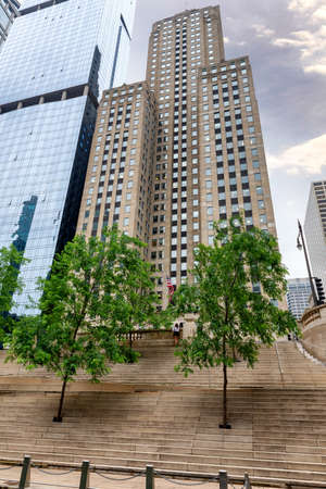 Trees planted on the banks along the river Chicago.の写真素材