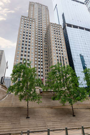 Trees planted on the banks along the river Chicago.の写真素材