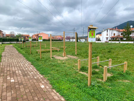 Outdoor gymnastics gear in a city park.の写真素材