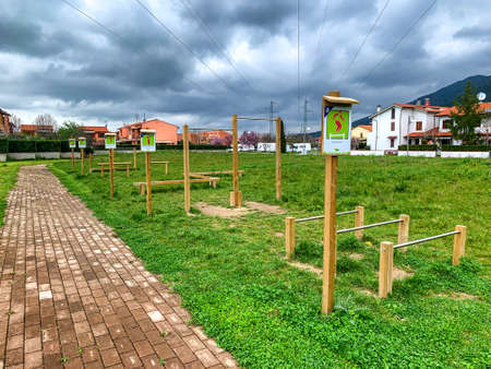 Outdoor gymnastics gear in a city park.の写真素材