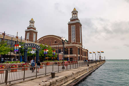 CHICAGO, IL - JUNE 23: Navy Pier on June 23, 2018 in Chicago, Illinois. It was built in 1916 as 3300 foot pier for tour and excursion boats and is Chicago's number one tourist attraction.のeditorial素材