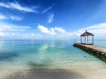 Wooden structure for the sun of the Maldives.の写真素材