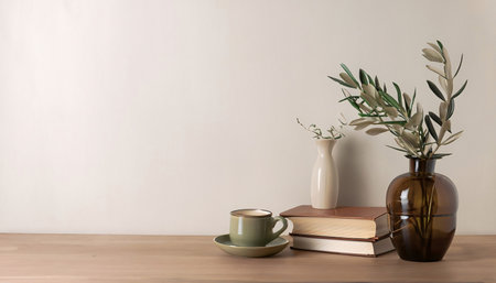 Cup of coffee, books and plant on wooden table against white wallの素材