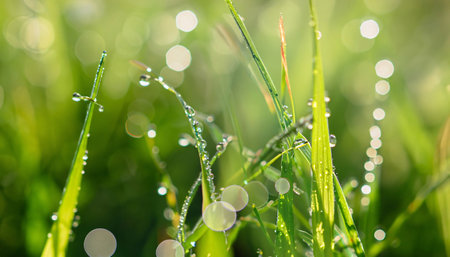 Fresh green grass with dew drops close up. Nature background.の素材