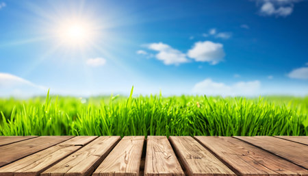 Wooden floor with green grass and blue sky background. Copy-space.の素材