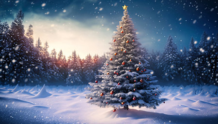 Snowy winter landscape with fir trees and Christmas balls. 3d renderingの素材
